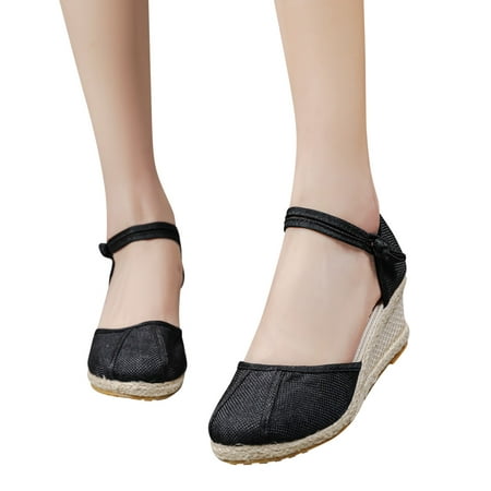 

Cathalem Rhinestone Sandals for Women Round Shoes Beach Fashion Wedges Sandals Toe Weave Women Summer Slide Sandals Women Black 7.5