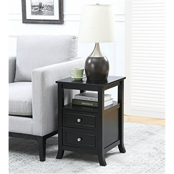 Farmhouse End Table with Drawers & Shelf - Modern Accent Table, Birch Veneer, Poplar Wood, Black Finish, 28"L