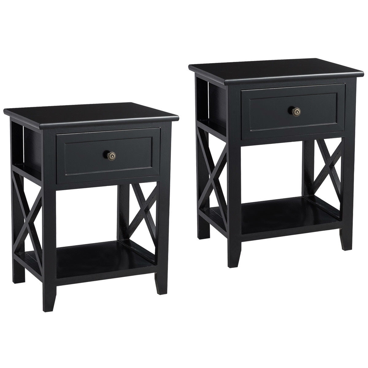 2PC End Table Nightstand w/Drawer & Shelf Bedroom Furniture Black