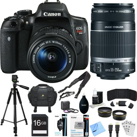 Canon EOS Rebel T6i Digital SLR Camera Kit with EF-S 18-55mm and 55-250mm Lens Bundle includes Camera, Lenses, 16GB SDHC Memory Card, Bag, Tripod, 59mm Filter Kit, Beach Camera Cloth and More