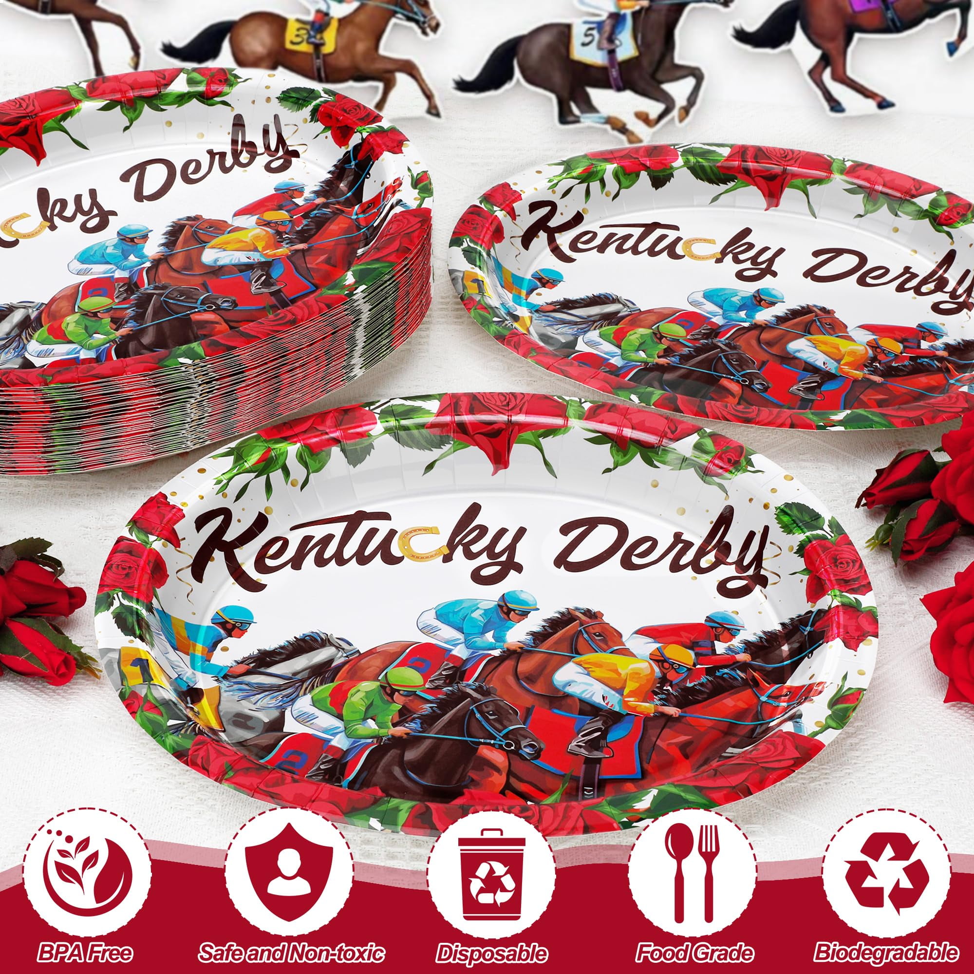 QZYL 50PCS Derby Party Supplies, Large AFN1Oval Derby Plates, Disposable Paper Trays Horse Racing Party Dinner Food Plates Run for the Roses Tableware Kentucky Dinnerware Table Decor