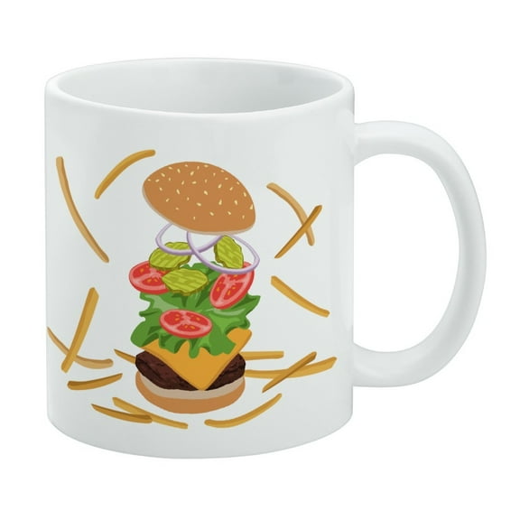 Burger and Fries with Lettuce Cheese Tomatoes and Pickles White Mug