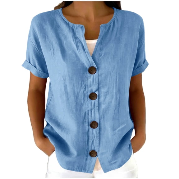 Guluxicc Button Up Shirt Women Short Sleeve Cotton Button Front Solid Color Casual Summer Outdoor Wear Trendy Tops