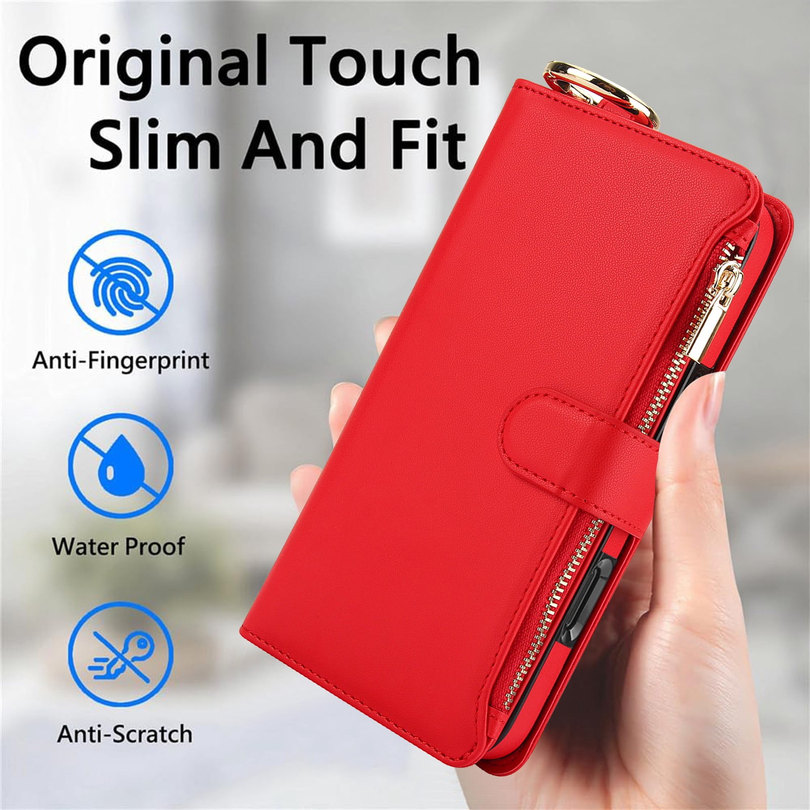 ELEHOLD For iPhone 13 Pro Max Phone Case Leather Crossbody Zipper Card Wallet Flip Case Kickstand Cover, with Ring Holder,Full Body Protection-Red