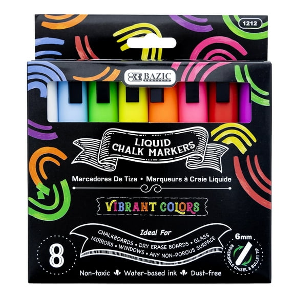 Bazic Washable Water Based Chalk Marker Chisel & Bullet Tip Assorted Colors 8/Pack (BAZ1212)