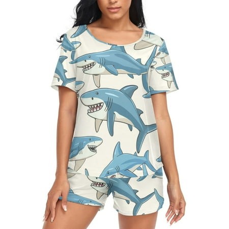 joogoo Women s Pajama Set Shark on Beige Short Sleepwear Loungewear with Pockets XXL