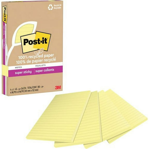 Post-it® Super Sticky Adhesive Note - 4" x 6" - Rectangle - 45 Sheets per Pad - Canary Yellow - Repositionable - 4 / Pack | Bundle of 2 Packs
