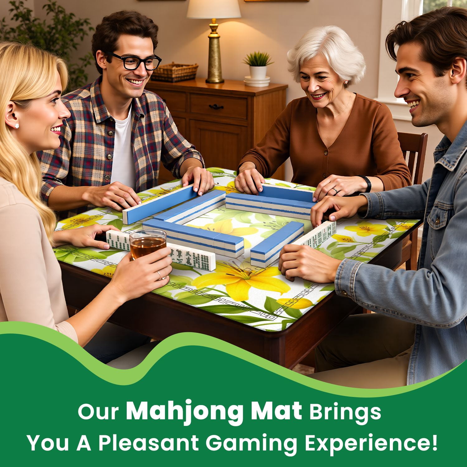 Mahjong Mat 31.5" x 31.5" Yellow Green Lily Floral Seamless Botanical Leaves Non-Slip Noise Reduction American Mahjong Tiles Table Cover for Dominoes Poker Card Board Games Gift