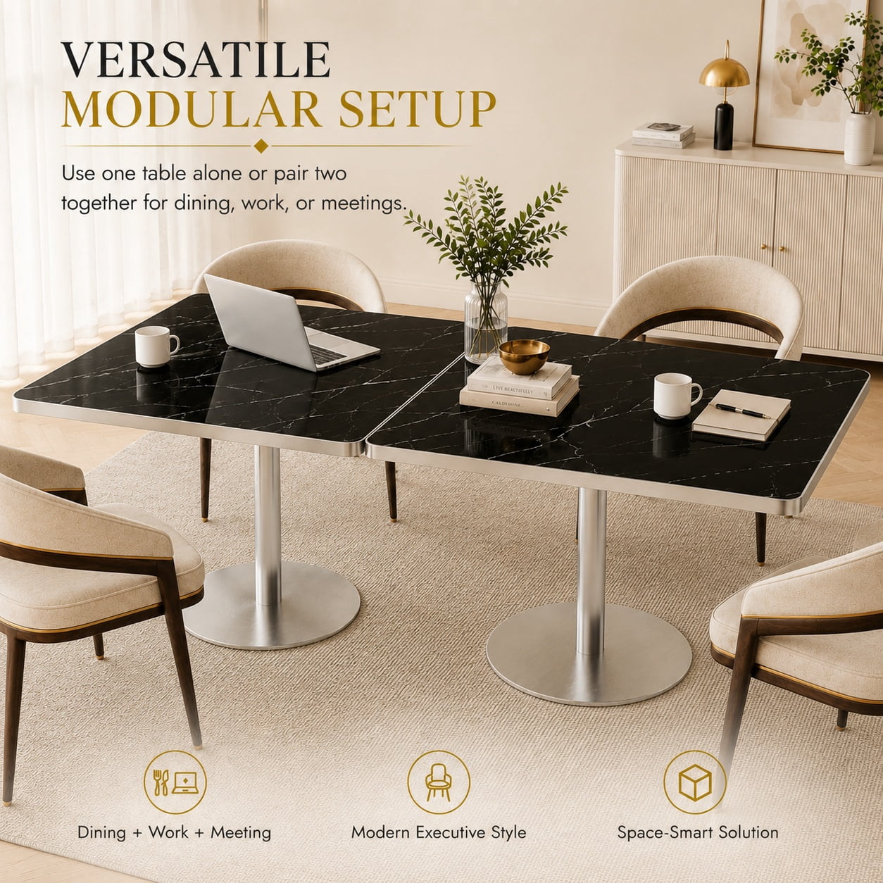 Aukfa 31.5" Square Dining Table for 2-4, Marble-Look Sintered Stone Top, Silver Pedestal Base, Small Spaces,Obsidian Black