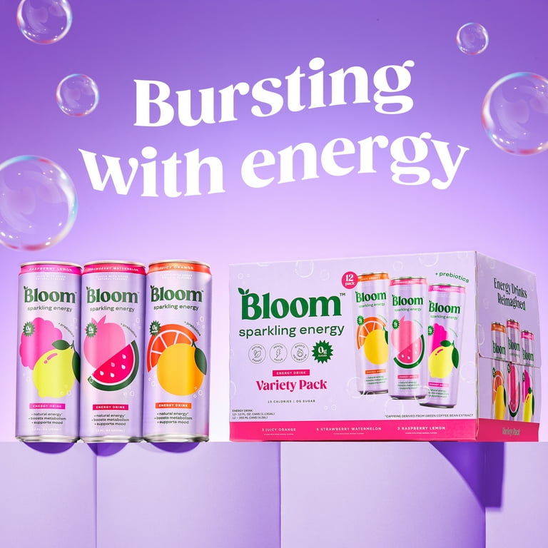 Bloom Nutrition Sparkling Energy Drink, Variety, 12 fl oz Cans, 12