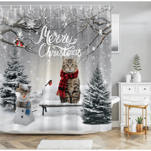 Merry Christmas Shower Curtain, Waterproof Polyester Fabric Xmas Shower Curtain with 12 Hooks Machine Washable Quick Dry for Bathroom Decor 71×71 Inch