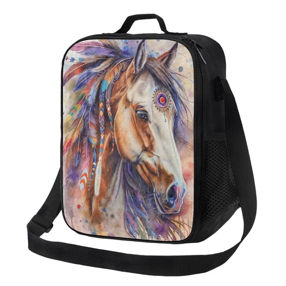 Watercolor Horse Lunch Bag Insulated Thermal Box with Shoulder Strap & Handle for Work and Picnic