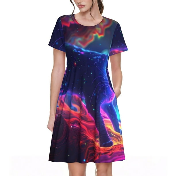 Disketp Cosmic Cat Psychedelic Journey para Vestido de Manga Corta para Mujeres, Vestidos de Verano para Mujeres, Casual y Holgado para la Playa