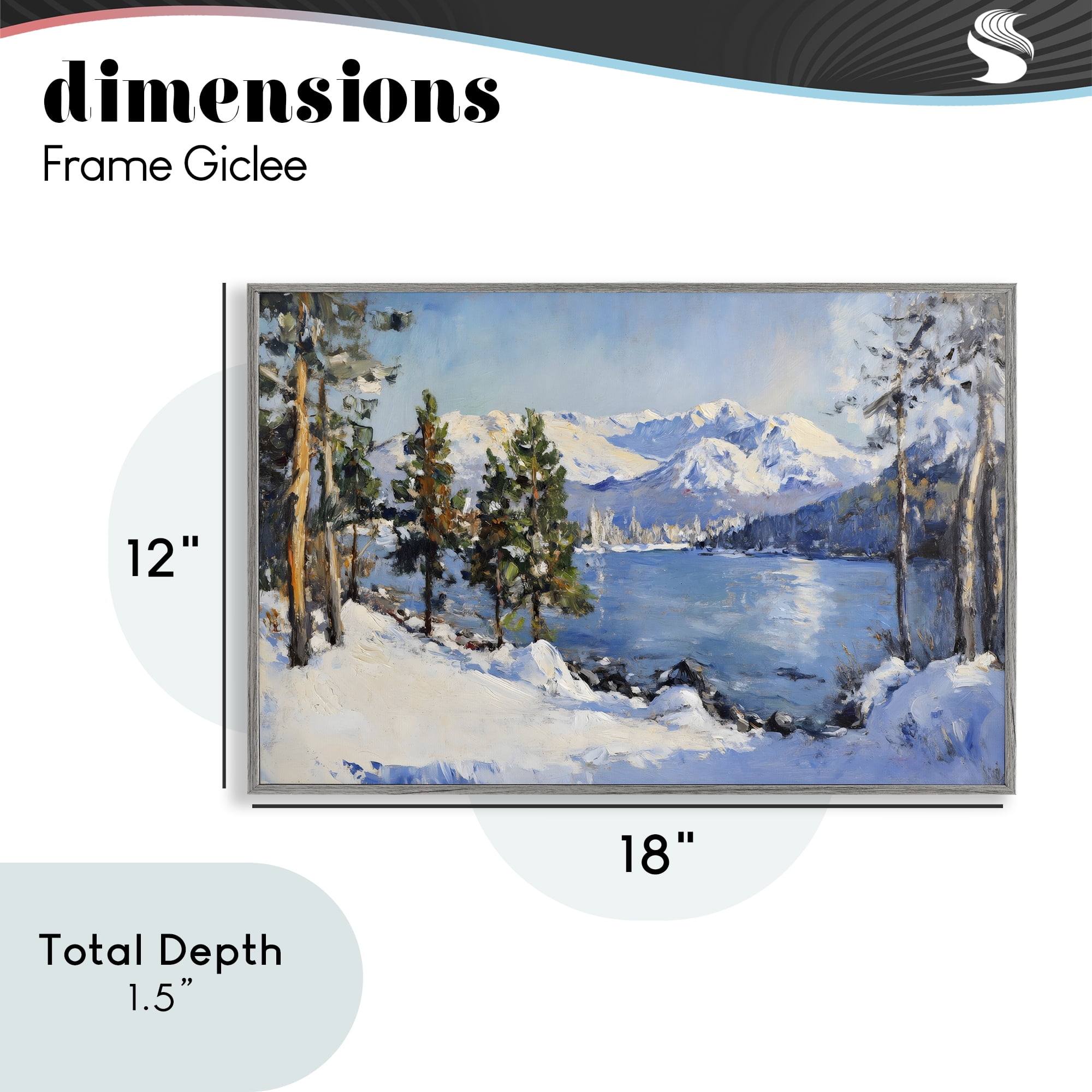 Winter Mountain Lake Gray Framed Giclee Art, design by Petal Prints Design