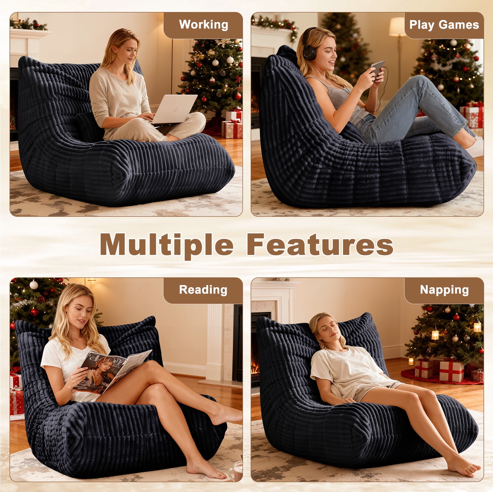 Bean Bag Chair for Adults with Lumbar support pillow, Memory Foam Giant Bean Bag Sofa with Corduroy Material Lazy Sofa for Living Room Bedroom Dorm Office, Black