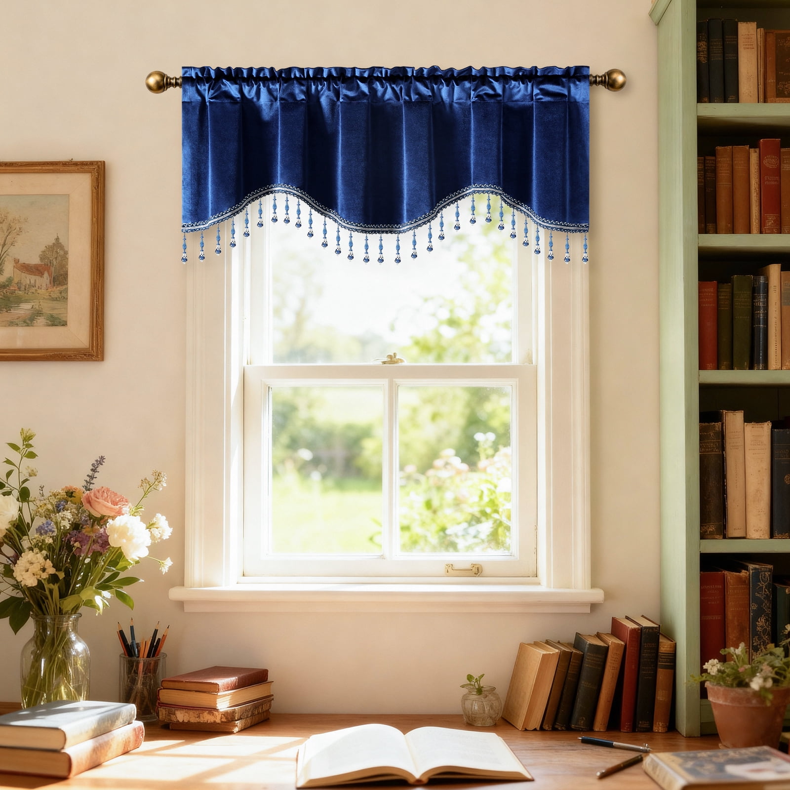 VOGOL Blue Velvet Scalloped Window Valance with Beaded Trim, Elegant Decorative Curtain Topper for Living Room Bedroom