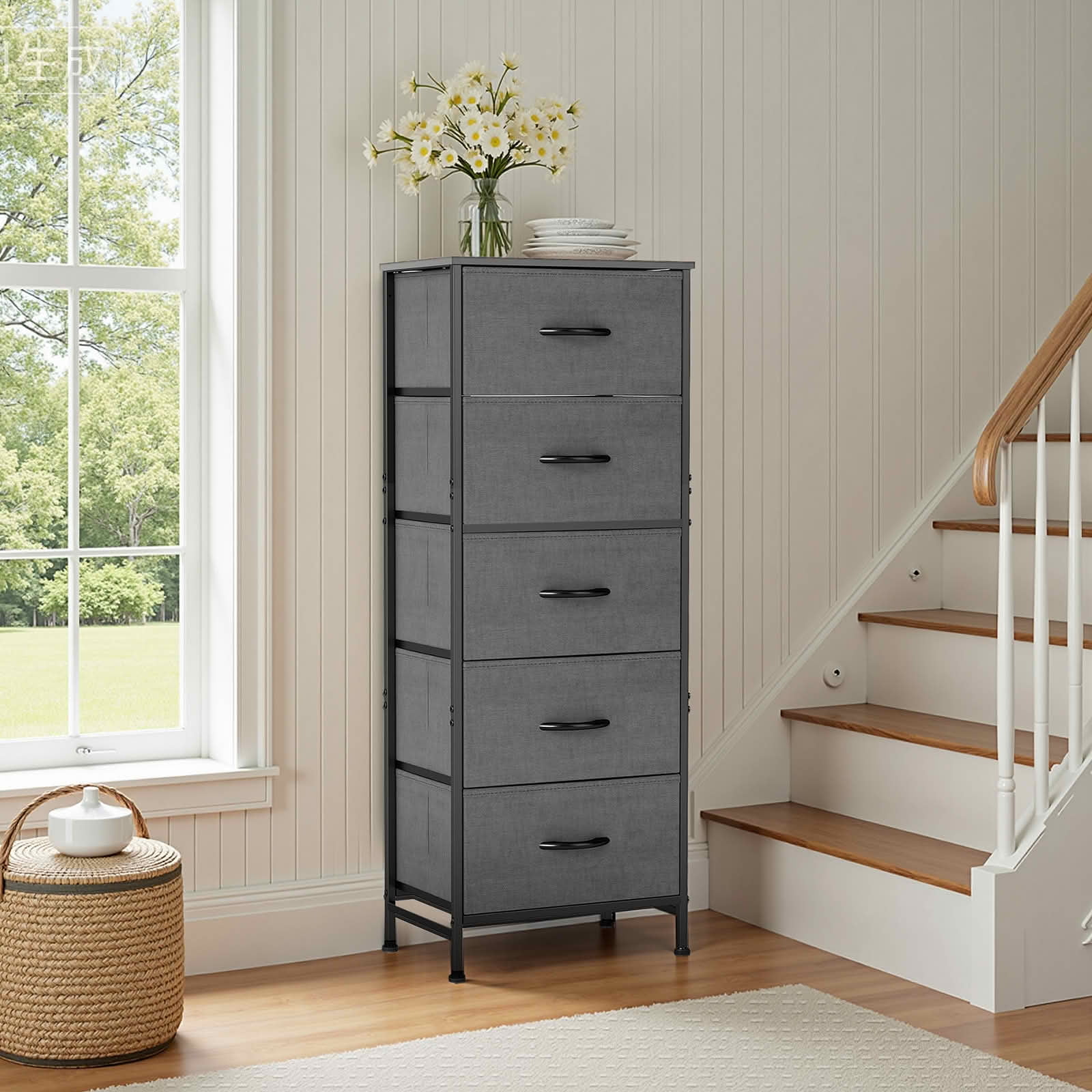 MAYEERTY 5 Drawer Fabric Dresser with Wooden Top, Steel Frame Storage Chest Organizer for Bedroom Nursery Entryway