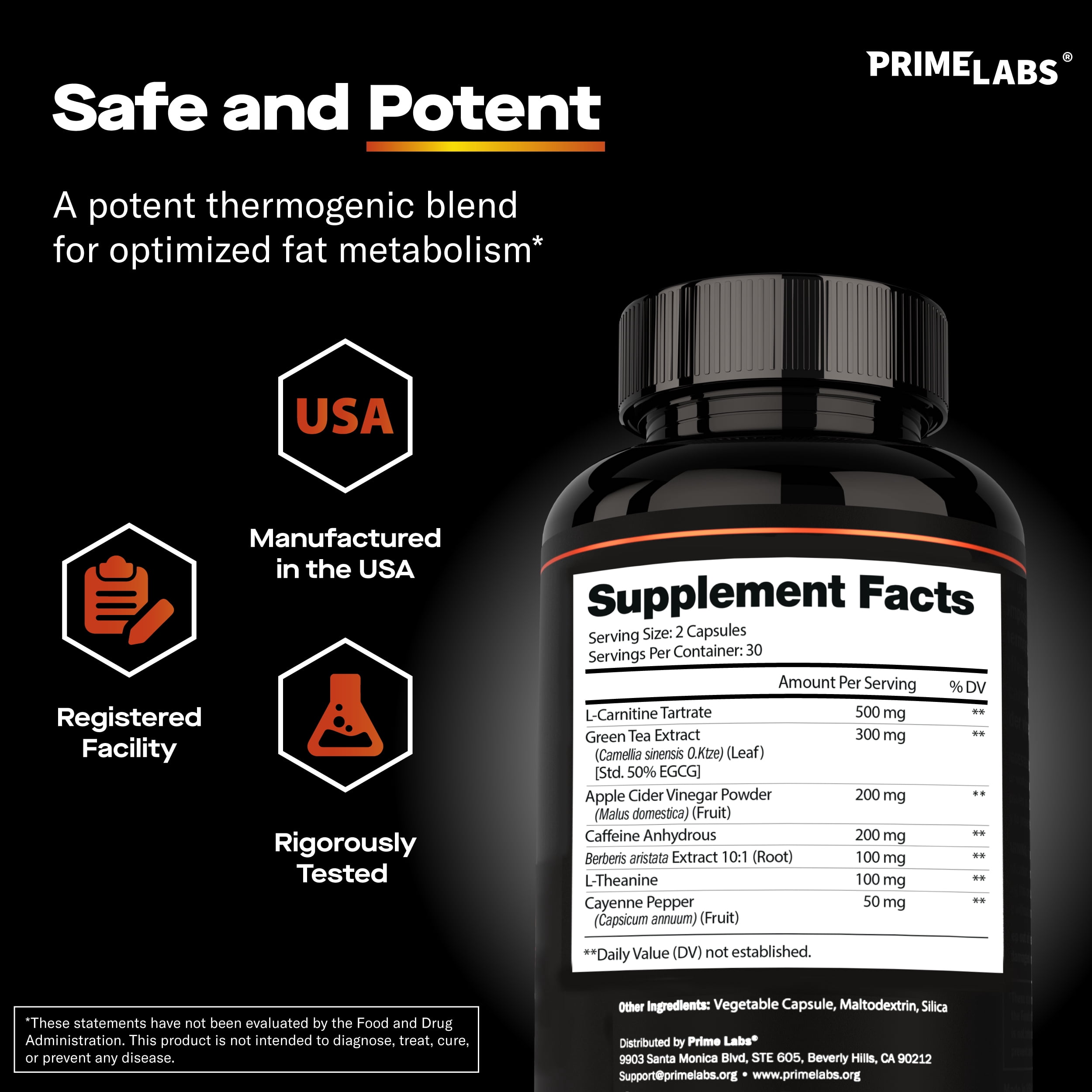 Prime Labs Thermogenic Energy Supplement for Men – L-Carnitine, Caffeine & Green Tea Extract – Daily Energy & Active Lifestyle Formula – Third-Party Tested, Made in the USA – 60 Capsules