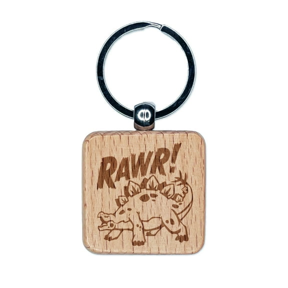 Stegosaurus Rawr Roar Dinosaur Square Keychain Charm Tag - Engraved Wood