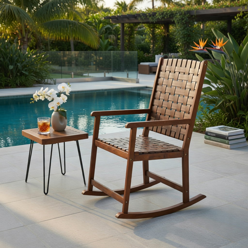 Hommoo Rubber Wood Patio Rocking Chair with PU Leather Seat, Indoor & Outdoor Balcony, Backyard, Living Room Rocker, Sturdy, Easy Assembly, Brown
