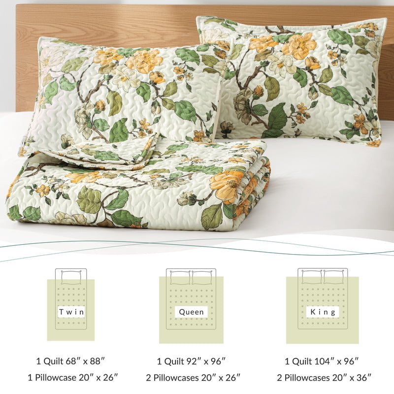 Exclusivo Mezcla Floral Twin Size Quilt Set, Yellow Twin Quilt Bedding Set with Cottagecore Garden Pattern, Reversible Lightweight Bedspreads Coverlets (68"x88")