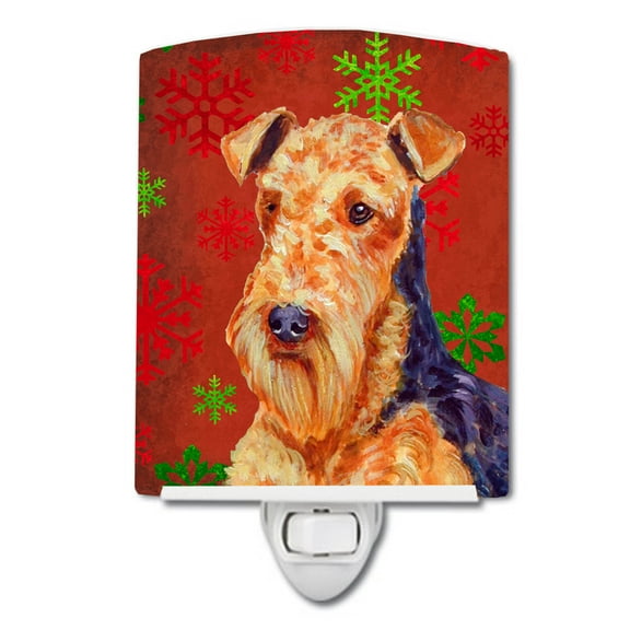 Caroline's Treasures LH9336CNL Airedale Red and Green Snowflakes Holiday Christmas Ceramic Night Light, 6x4x3",