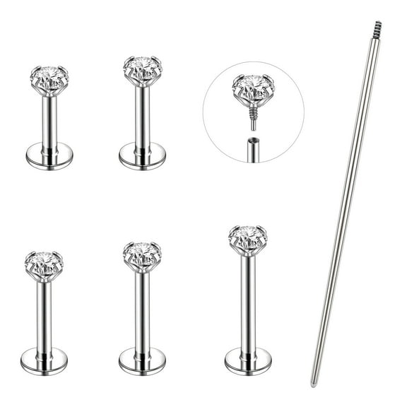 ZS 6Pcs/Set 18G/16G Stainless Steel Labret Lip Stud,Internally Threaded Flat Back Earrings Stud,Nose Stud Medusa Piercing Jewelry with Piercing Needles