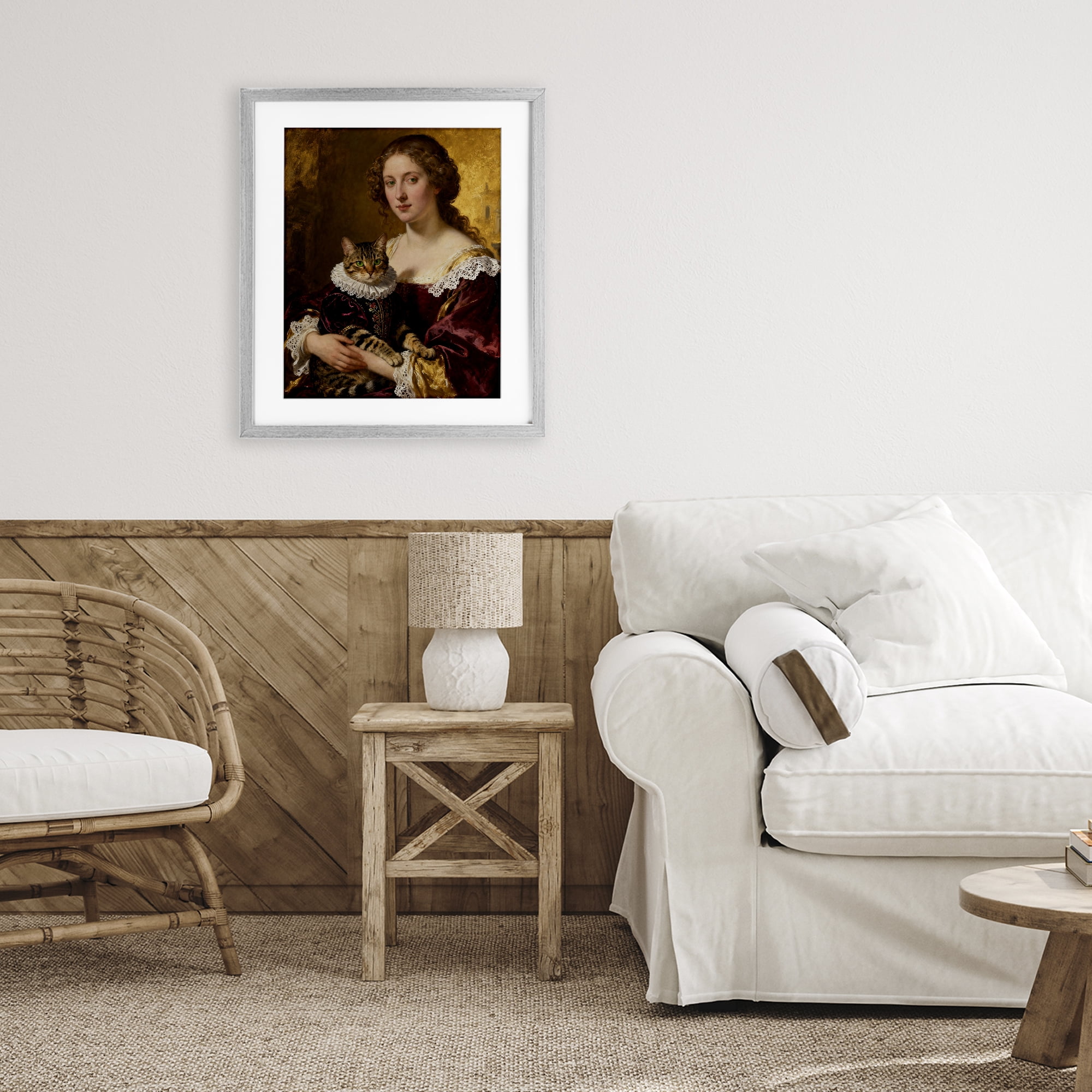 Stupell Industries Renaissance Lady with Regal Cat Gray Framed Print Under Glass, design by CAD Designs