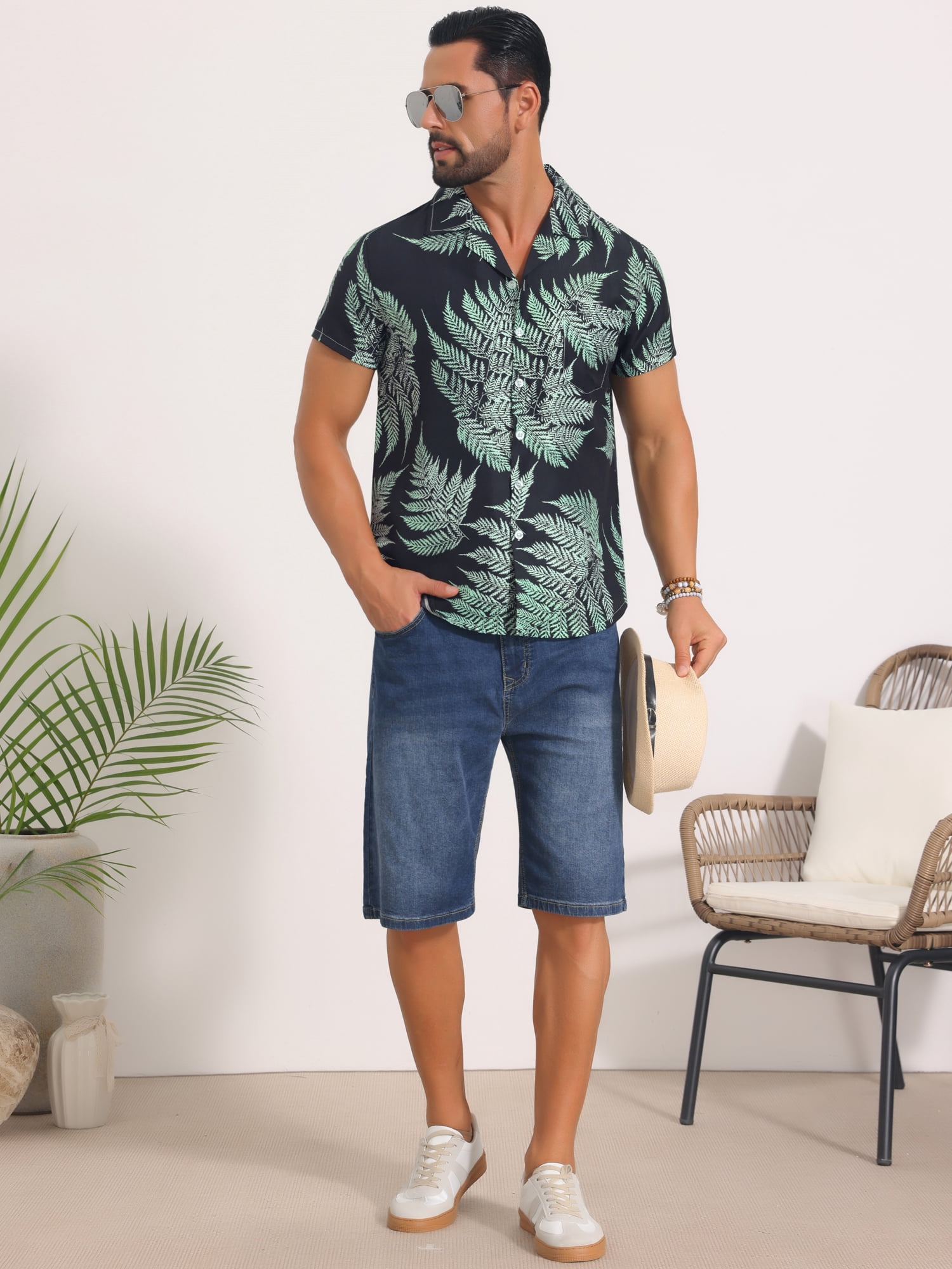 DARING DIVA Men's Short Sleeve Button Down Camp Collar Leaf Print Shirts XL Black Green