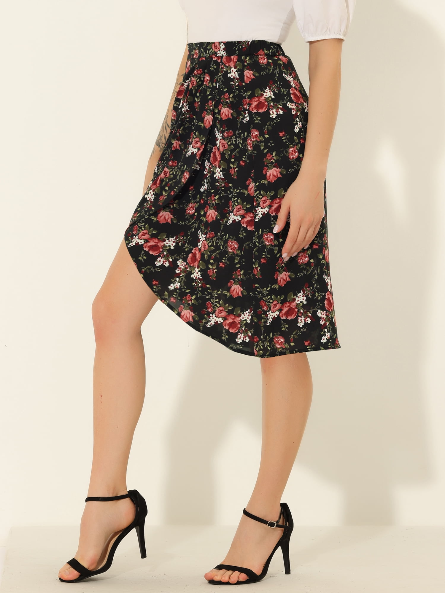 DARING DIVA Women's Floral High Waist Split Summer Bohemian Midi Wrap Skirt S Black