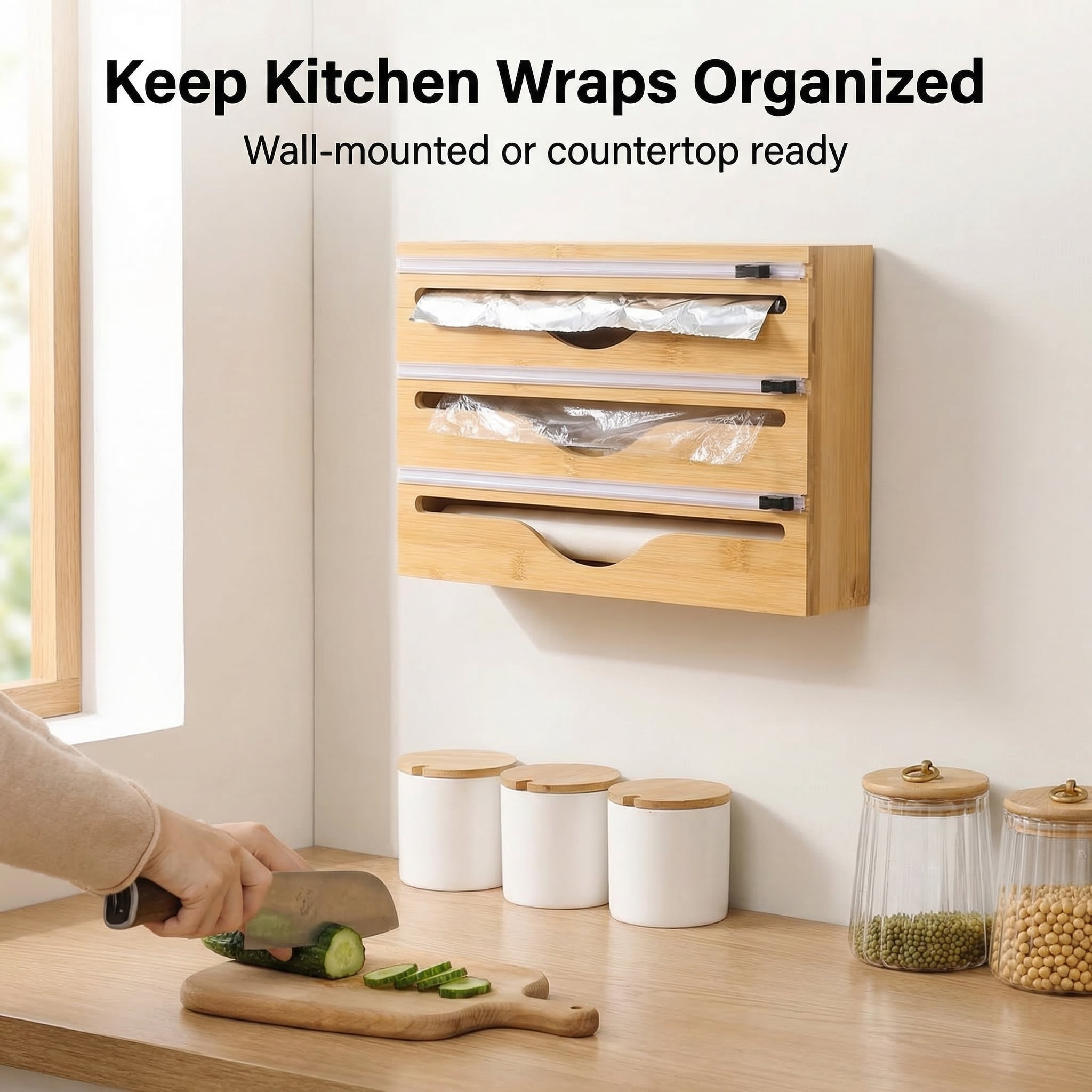 CNDRLEF 3-in-1 Bamboo Wrap Organizer with Sliding Cutters, Wall Mount or Drawer Kitchen Wrap Storage for Plastic Wrap, Aluminum Foil & Parchment Paper, Fits Up to 12.5" Rolls, Natural