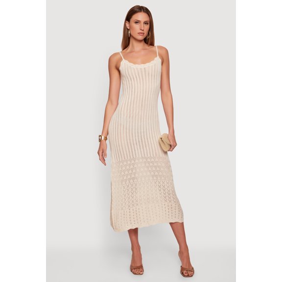 Women's Pointelle Knit Hem Scoop Neck Crochet Dress
