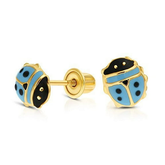 Tilo Jewelry 14K Yellow Gold Enamel Blue Ladybug Stud Earrings with Secure Screw Backs | Women & Unisex