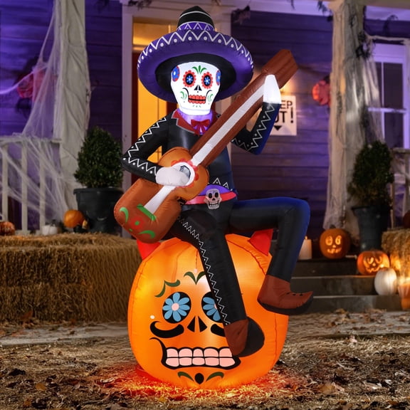 Ayieyill 6FT Halloween Inflatable Outdoor Decoration, Day of the Dead Skull with Guitar, Blow Up Yard Decor