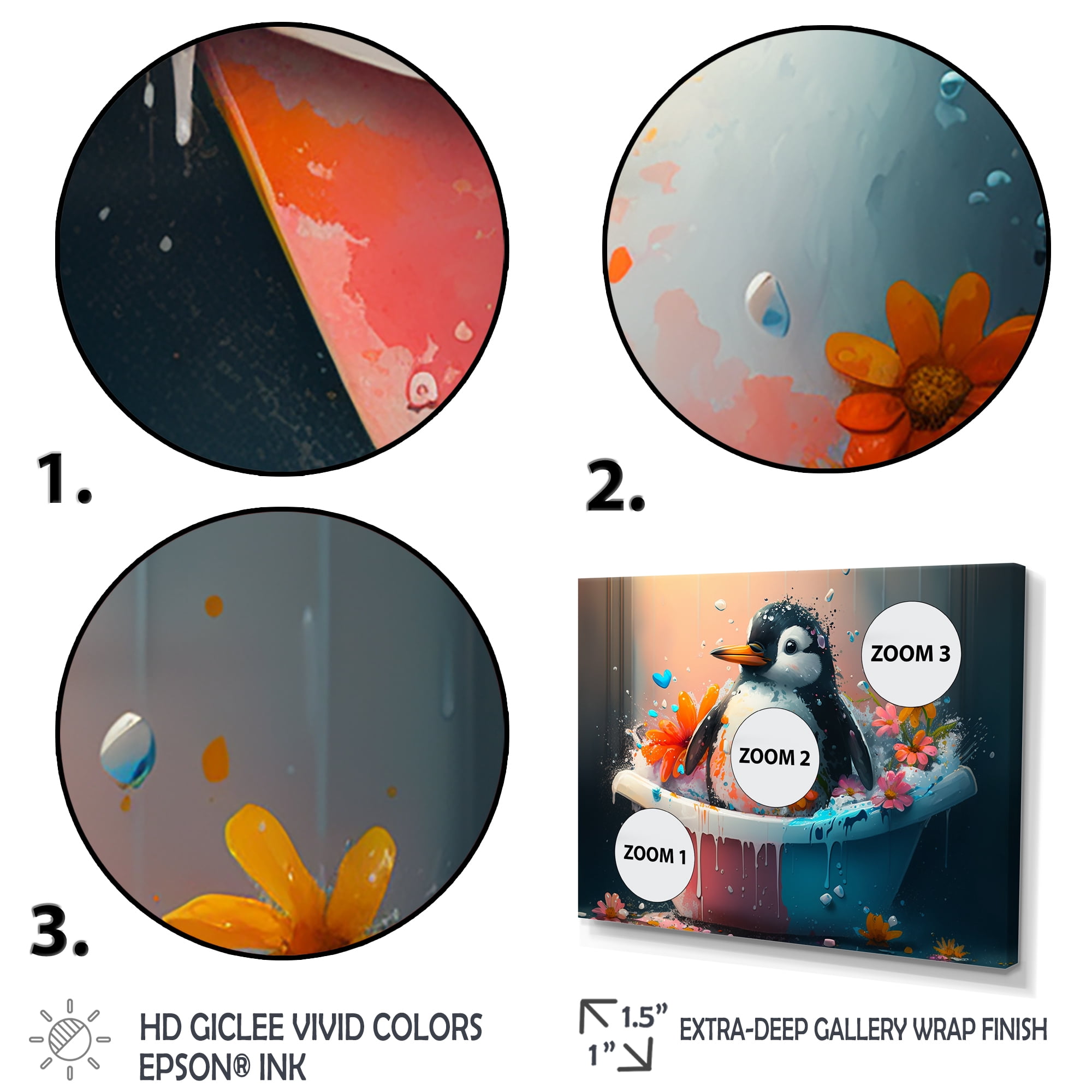 Designart Silly Penguin Bathing With Blooming Flowers II Canvas Wall Art