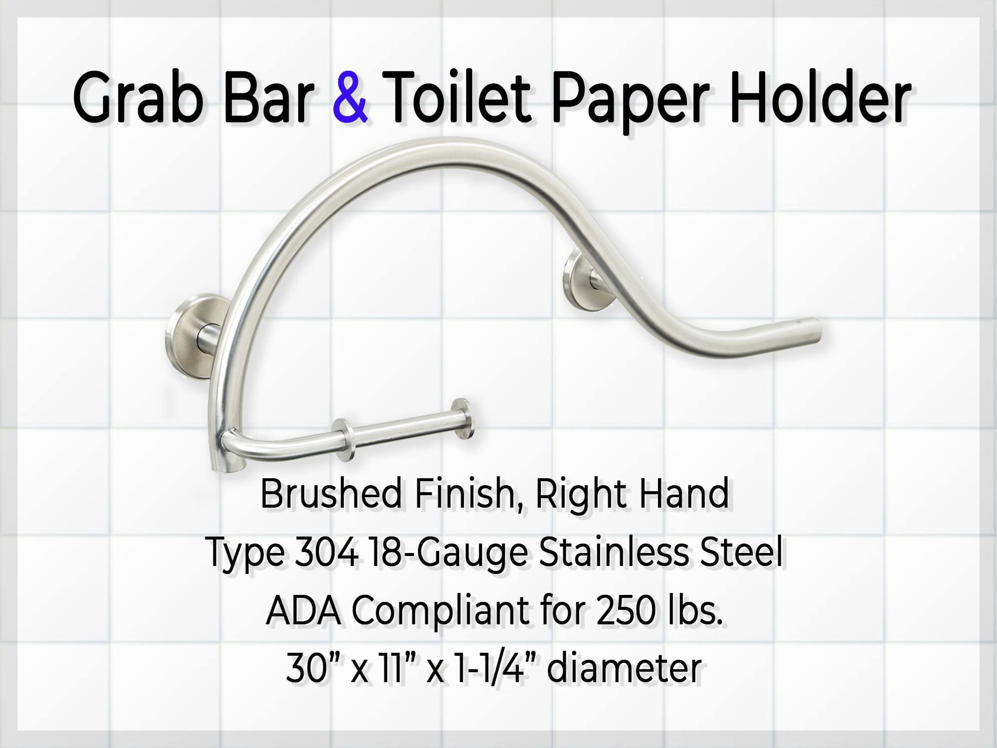 Grab Bar Toilet Paper Holder for Bathroom Safety/304 Stainless Steel/Right/Brushed Finish/ 30" x 11"