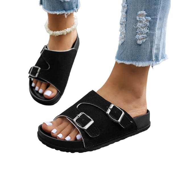 Dual Buckle Adjustable Slide Sandals for Women, Adjustable Double Strap With Arch Support | Memory Foam Footbed & Non-Slip Sole | Lightweight Suede-Look for Beach, Outdoor, Party, Black 6