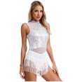 thumbnail image 4 of iiniim Women Sleeveless Glitter Sequin Latin Dance Dress Leotard Flowy Tassel Fringed Performance White S, 4 of 7