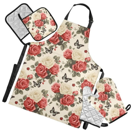 Butterflies and Rose Bouquet 5 Pcs Kitchen Set Heat Resistant Oven Mitts and Non-Slip Pot Holders with Adjustable Cooking Apron