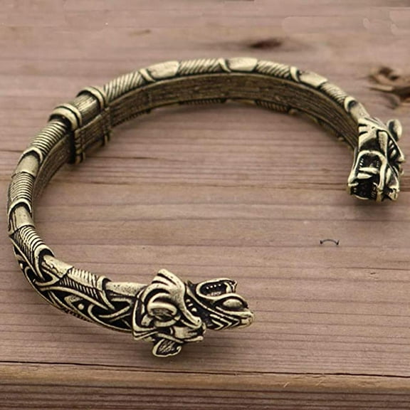 Handcrafted Bracelet Norse Metal Arm Ring Handmade Viking Wolf Head Bracelet Bangle