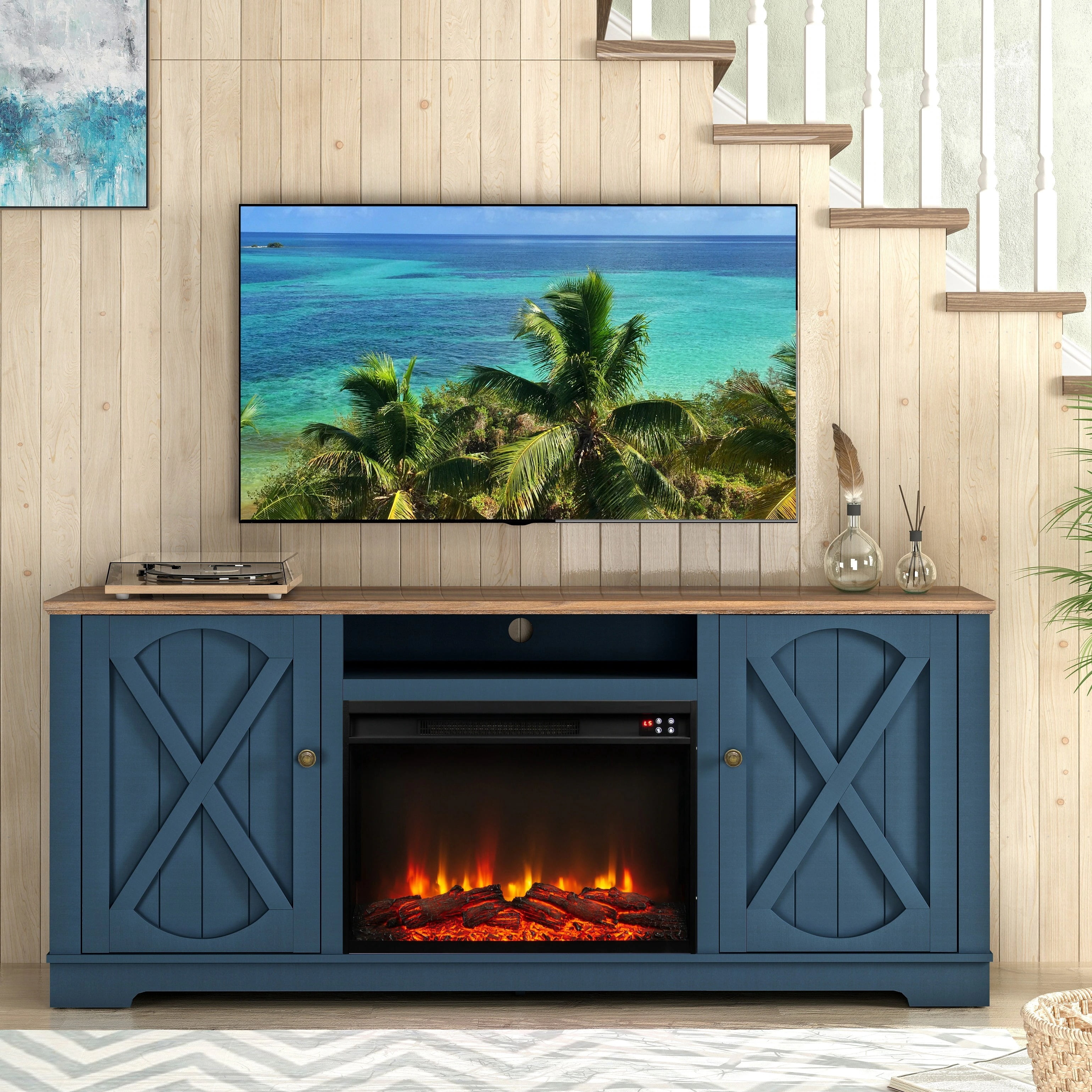 Joy River 70" Farmhouse TV Stand with 26" Electric Fireplace,Heats 400 sq ft,Navy