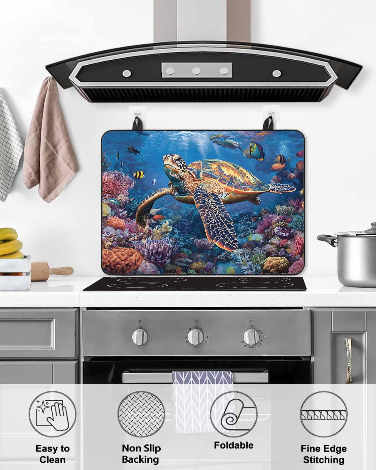 nqOlkjepod Large Induction Cooktop Protector Mat 24"x21", Coastal Turtle Stove Top Covers for Electric Stove, Turquoise Coral Tropical Ocean Animal Fish Stove Burner Cover Mats Stove Cover