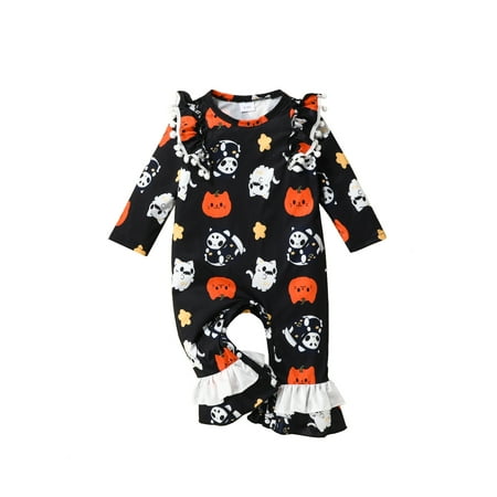 

Calsunbaby Newborn Baby Girls Halloween Jumpsuit Printed Round Neck Ruffled Long Sleeves Romper Flared Bodysuit Black 3-6 Months