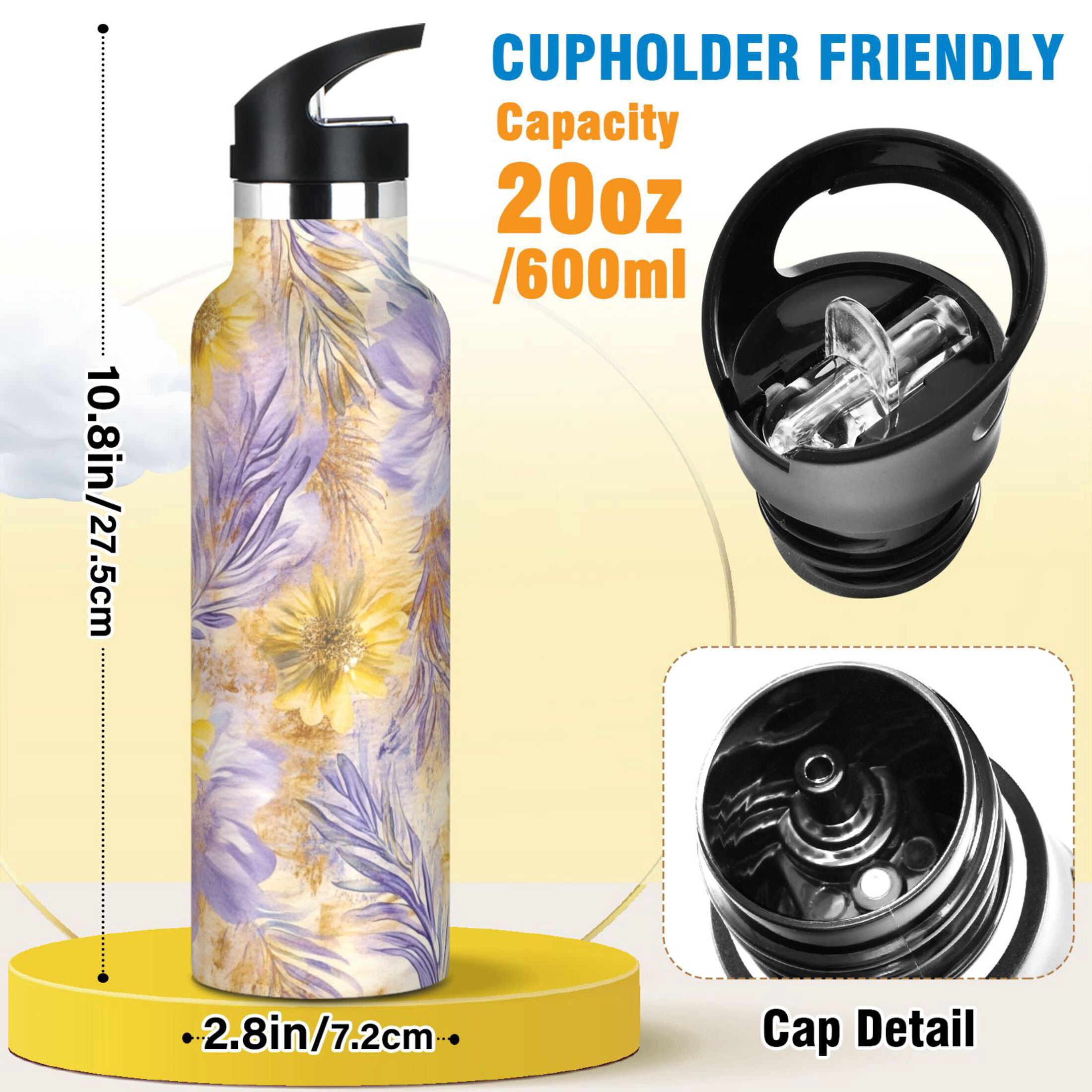 Kids Insulated Stainless Steel Sports Water Bottle 600ml (20oz) Yellow and Lavender Flowers