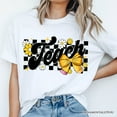 thumbnail image 2 of Teach Checkered Coquette Bow T-Shirt, White and Natural Retro Tee for Trendy Teachers, 2 of 8