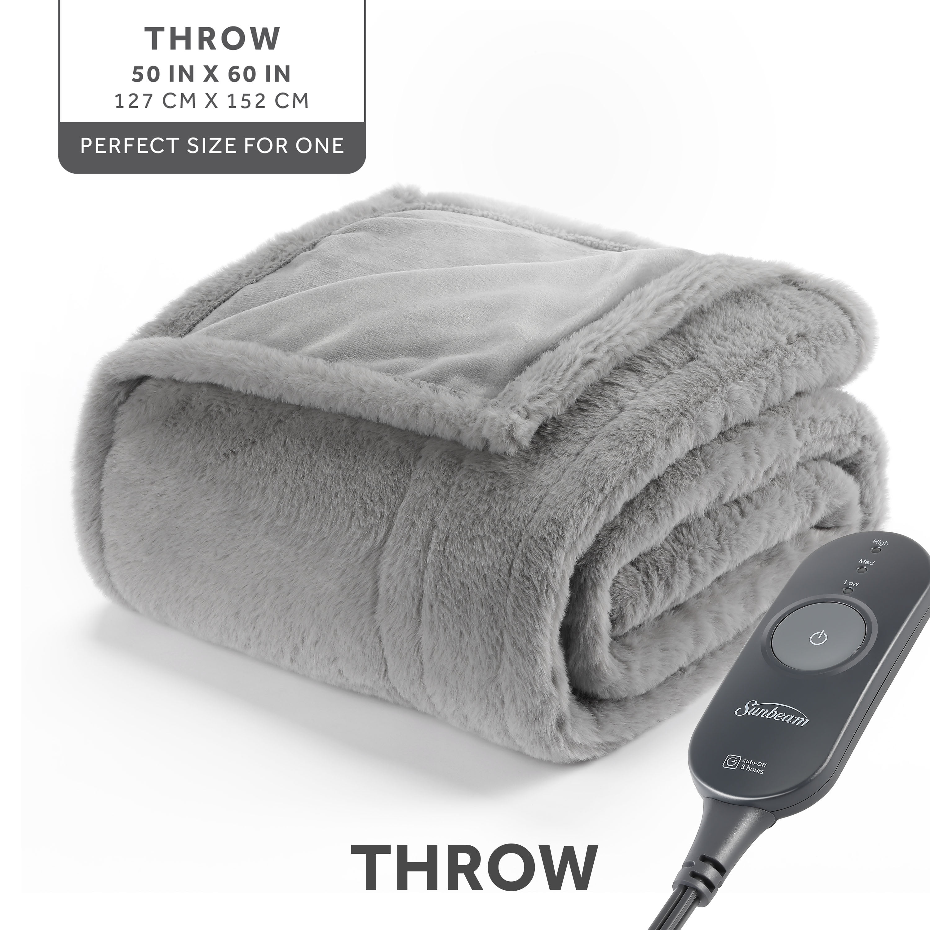 Sunbeam Heated Throw Blanket Faux Fur Gray 3 Heat Settings 3-Hour Auto Shut Off 50"x60"