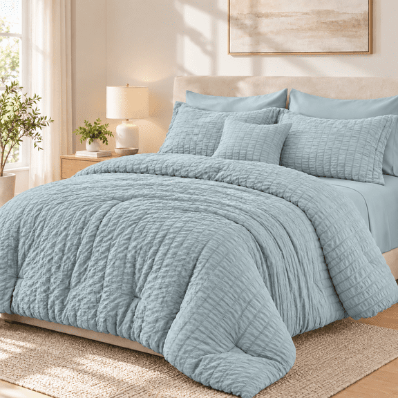 SUNNY HEAT Queen Size Comforter Set, 7-Piece Seersucke Bed in a Bag, Blue All Season Ultra Soft Down Alternative Bedding Set with Sheets, Pillowcases & Pillow Shams