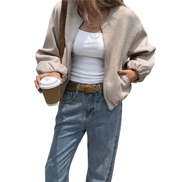 Chaquetas Abrigadas con Cremallera para Mujer, de Otoño e Invierno, de Larga, Informales, Holgadas y con Bolsillos. Caqui L