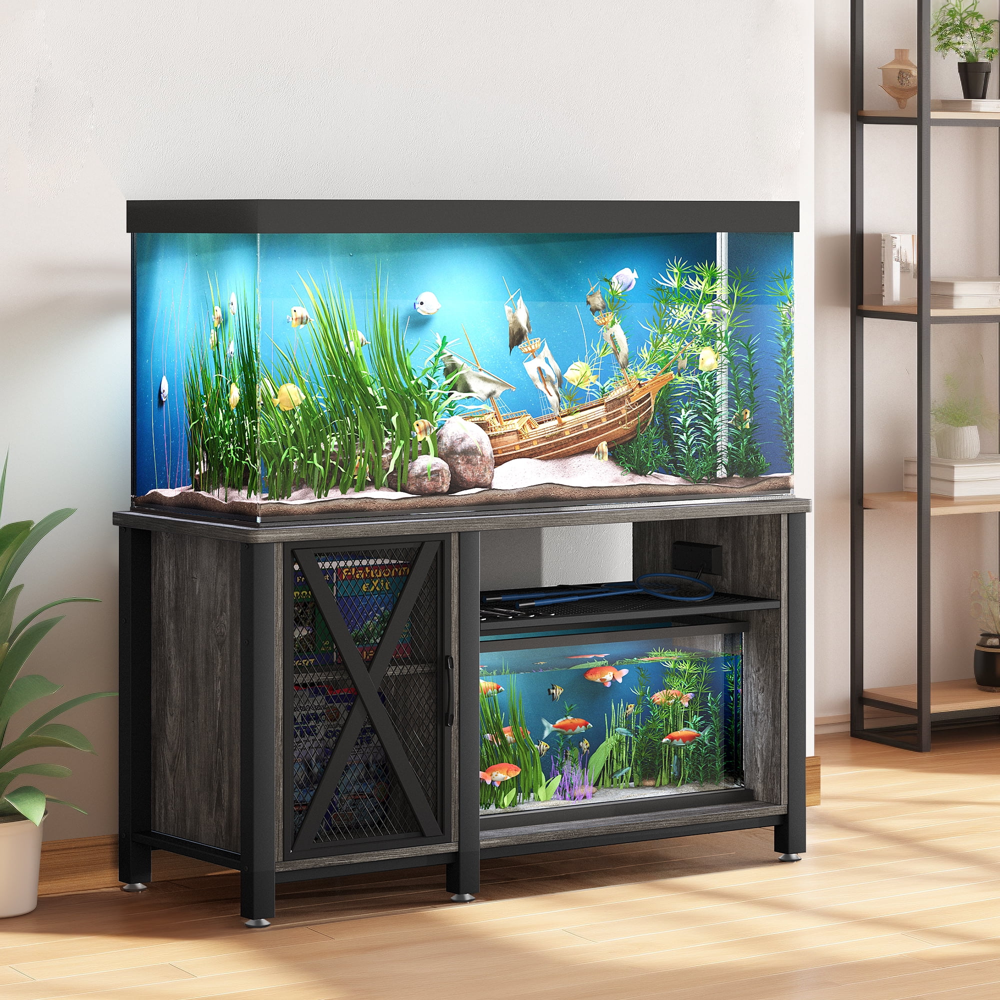 DEXTRUS Heavy Duty Metal Aquarium Stand with Power Outlets - Suitable for 55-75 Gallon Fish Tank Stand, Turtle Tank, Reptile Terrarium (880lbs Capacity) - Grey