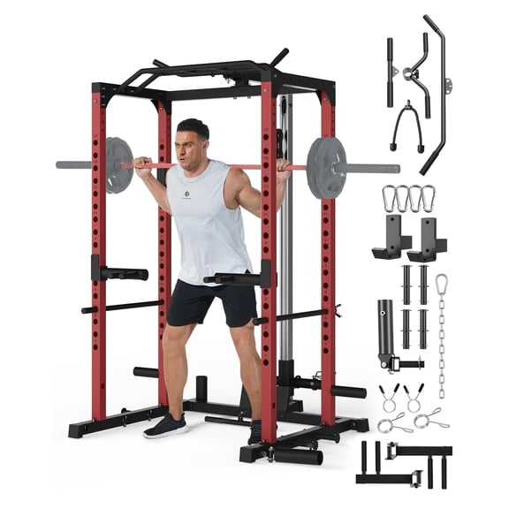 Power Cage with LAT Pull Down System, Multi-Functional Squat Rack with Low Row System, J-Hooks, Dip Bars, Pull Up Bar, 2000 LB Heavy Duty Power Rack Fitness Equipment for Home Gym